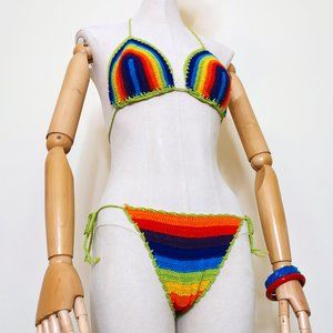 Handmade 80s Rainbow Crochet String Bikini